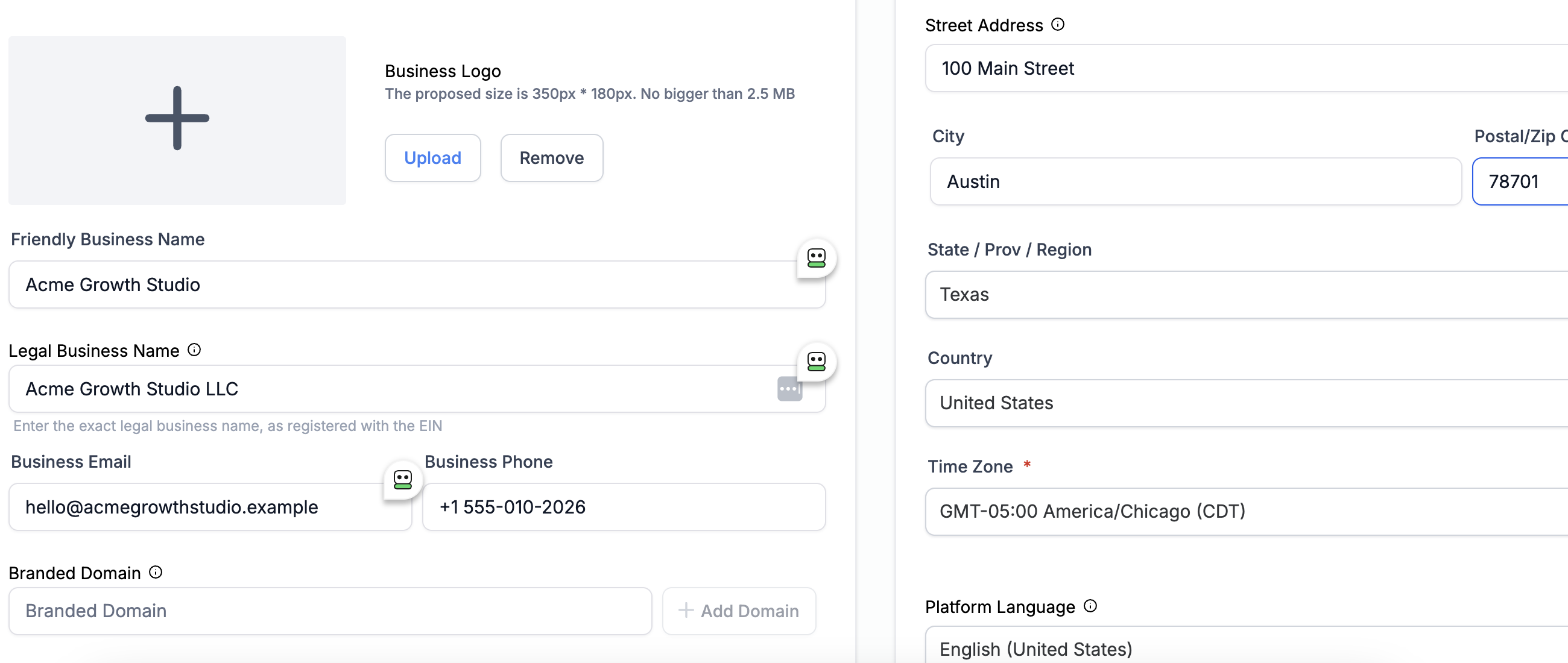 HighLevel Business Profile form showing business identity, contact details, address, country, and time zone