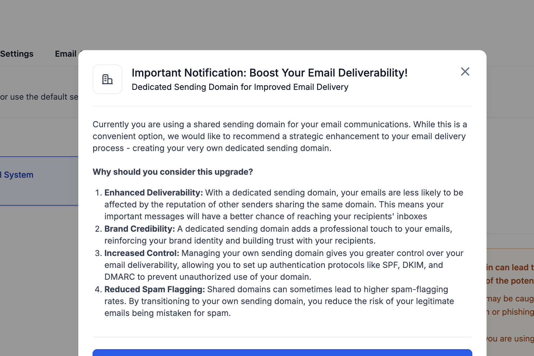 HighLevel prompt explaining the benefits of a dedicated email sending domain