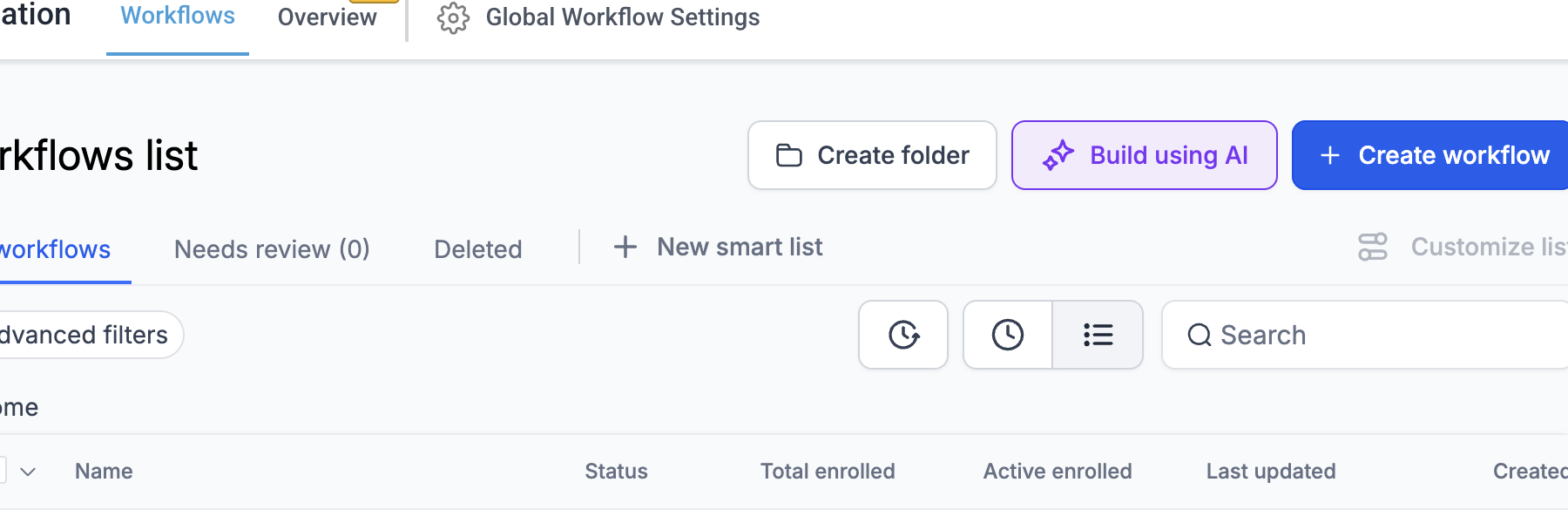 HighLevel workflow list showing Build using AI and Create workflow buttons