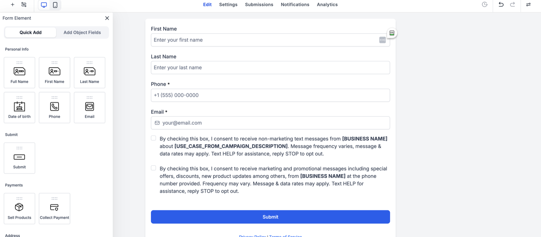 HighLevel form builder showing default First Name, Last Name, Phone and Email fields with two SMS consent checkboxes
