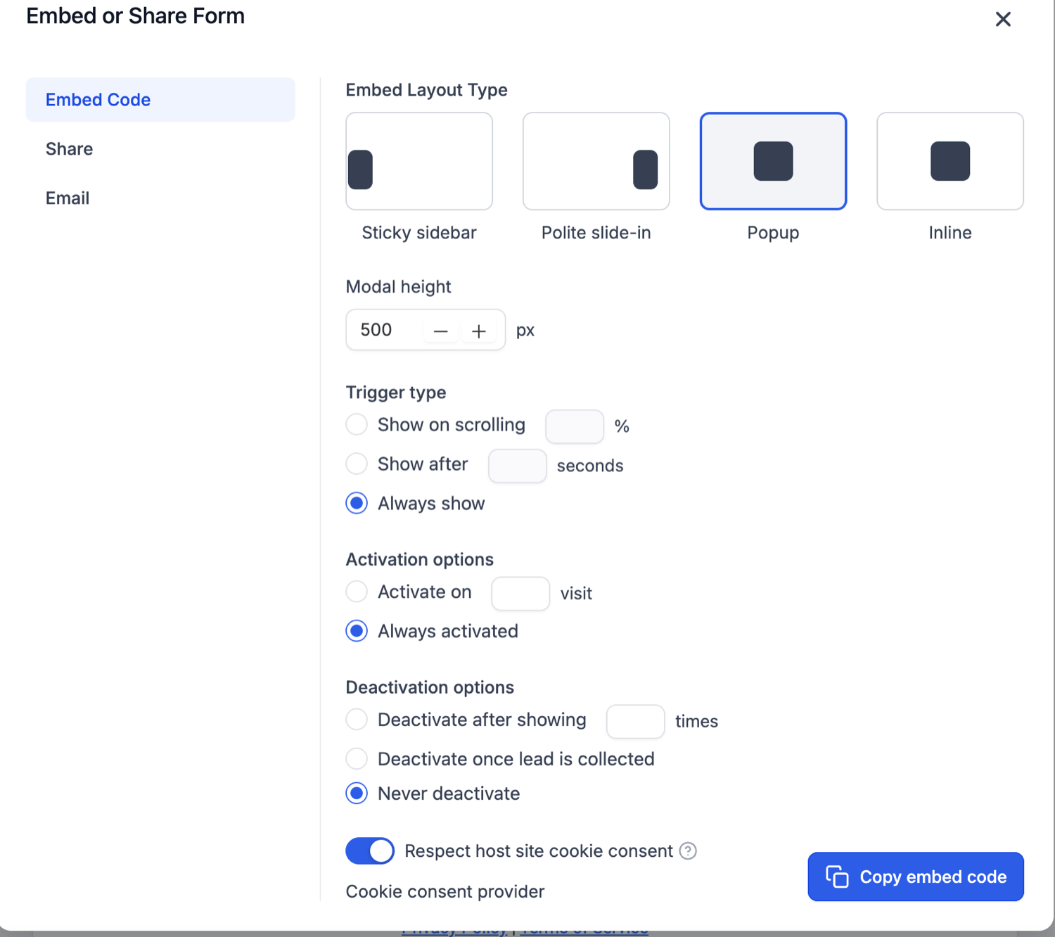 HighLevel Embed or Share Form dialog with Embed Layout Type set to Popup and a Copy embed code button