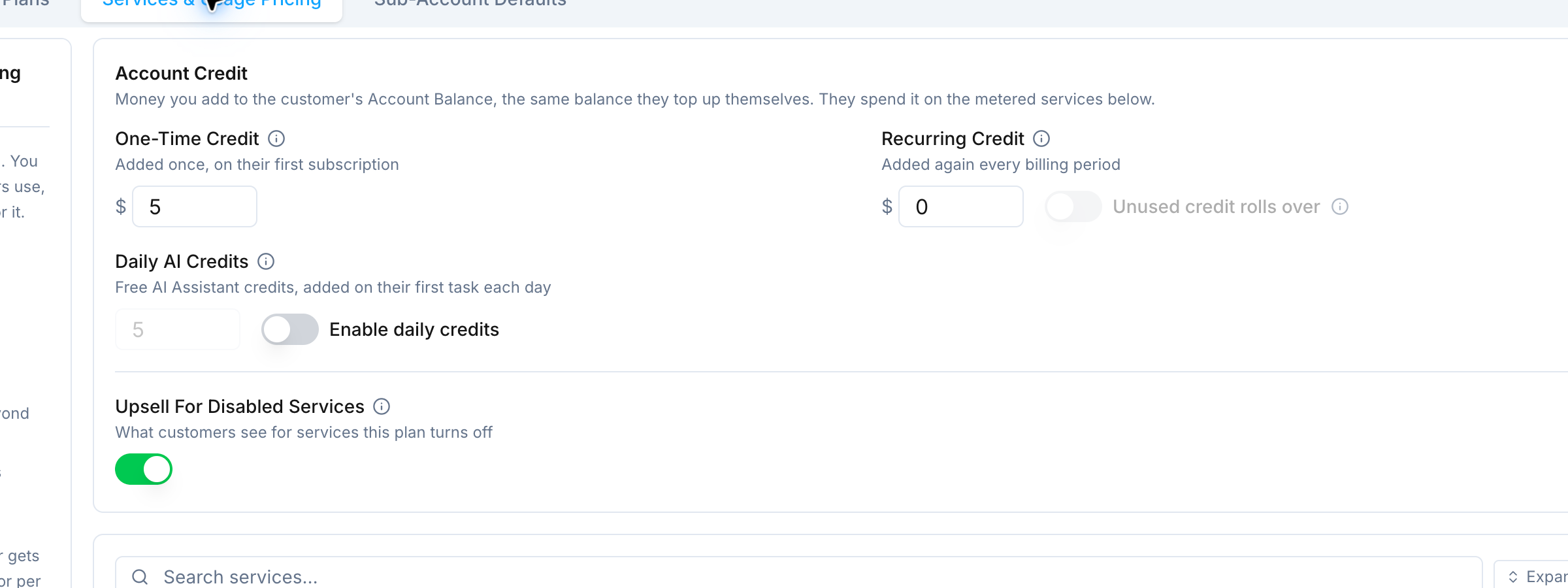 Zoomed Votel SaaS plan screen showing Account Credit above the Services and Usage Pricing table