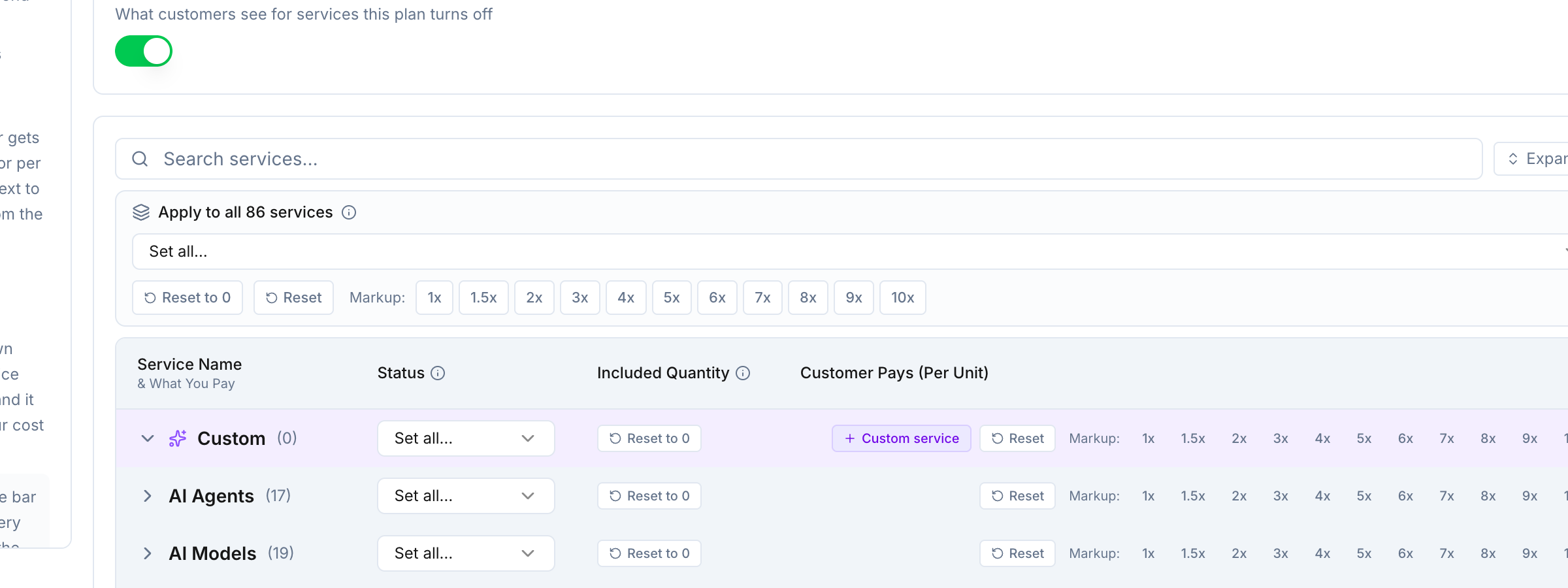 Zoomed Votel service pricing table with Messaging and Phone categories, status, included quantity and customer price columns