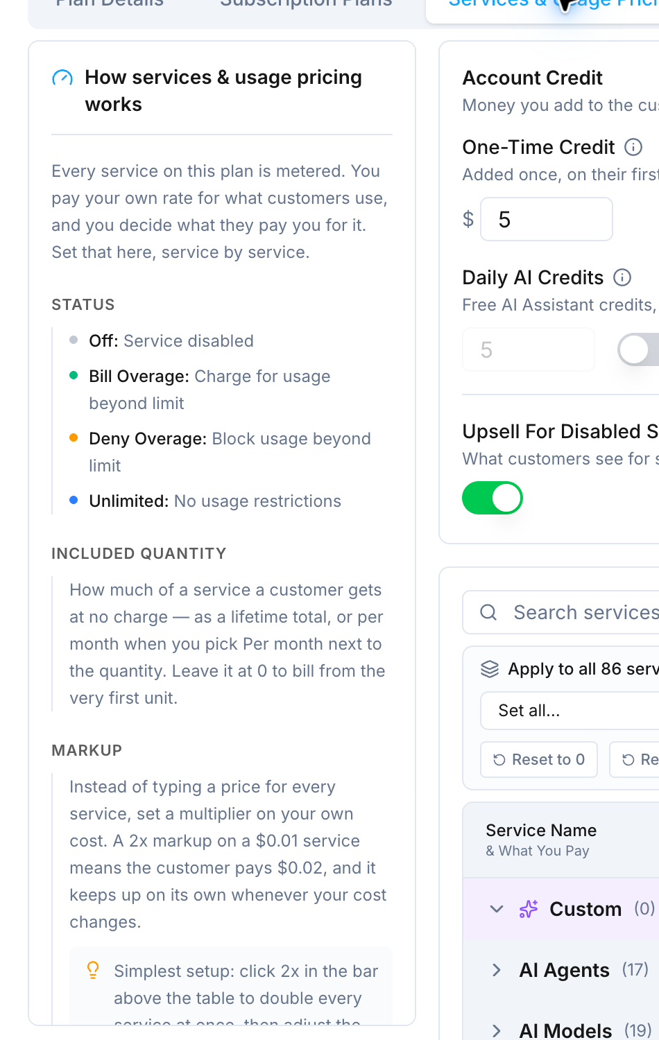 Votel screen explaining Off, Bill Overage, Deny Overage and Unlimited