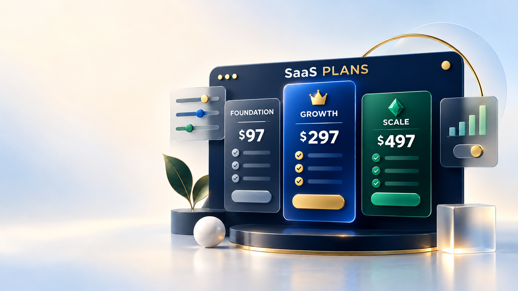 Three SaaS plan cards for Foundation, Growth and Scale priced at $97, $297 and $497
